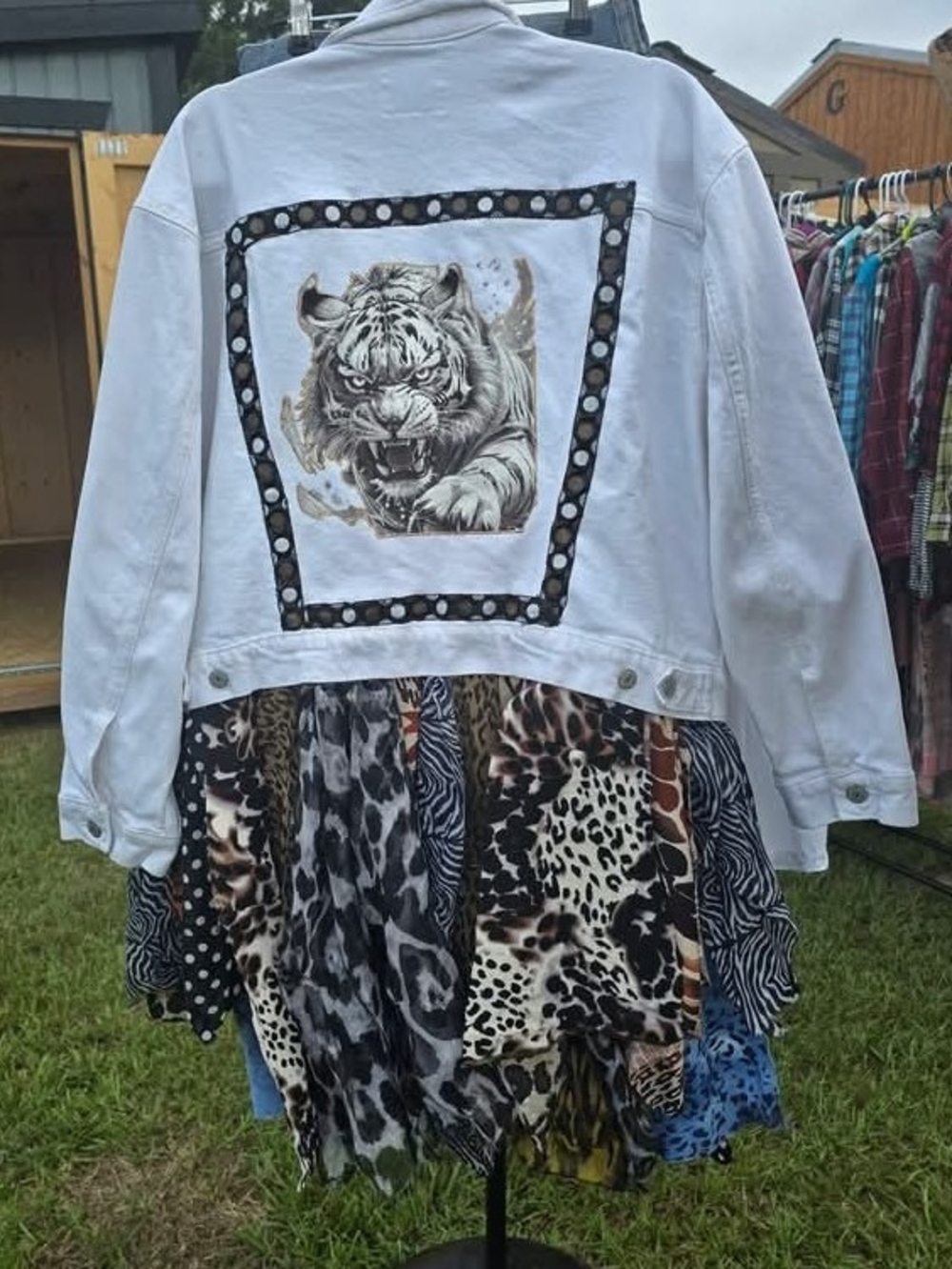 One of a Kind Upcycled Hand Designed White Tiger Patch Mixed-Print Denim Jacket